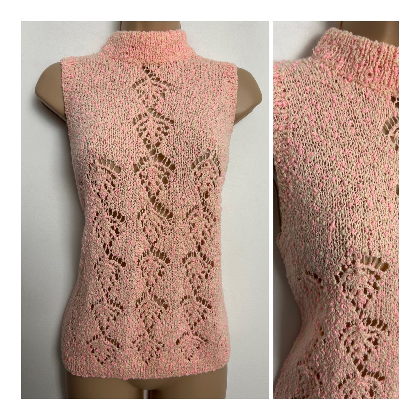 Vintage 1960s Size 10-12 Pin Tones Bobble Wool Turtle Neck Sleeveless Jumper/Tank Top