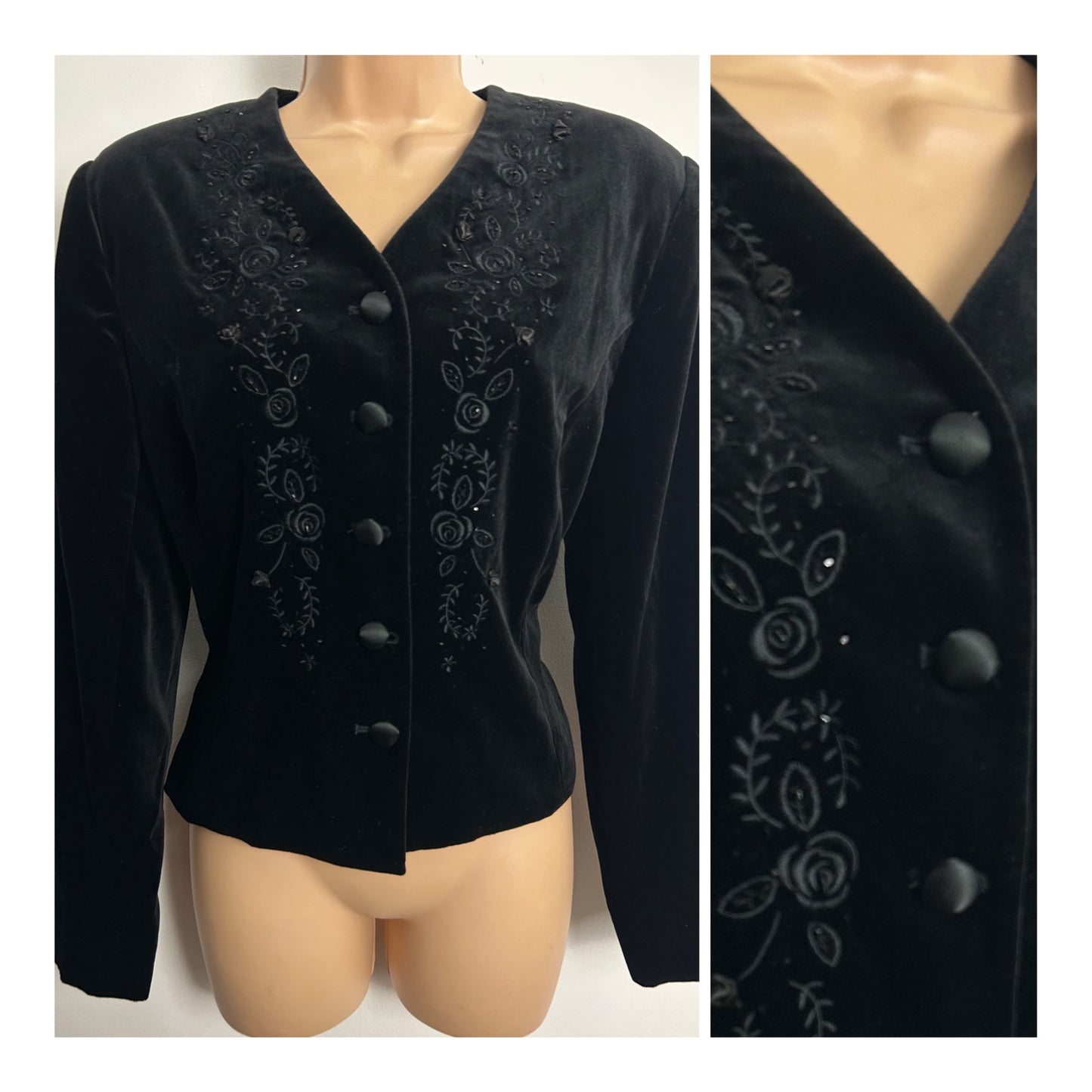 Vintage 1990 LAURA ASHLEY Size 12 Black Velvet Embroidered Bead Detail Jacket