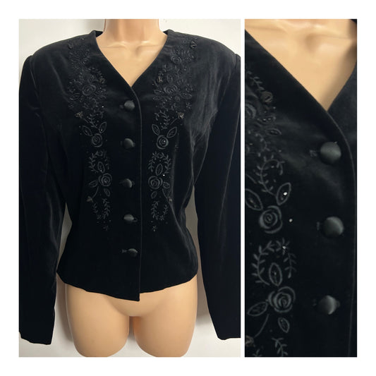 Vintage 1990 LAURA ASHLEY Size 12 Black Velvet Embroidered Bead Detail Jacket