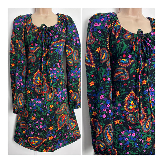 Vintage 1970s UK Size 10 Black Pink Orange Green & Yellow Floral & Paisley Print Long Sleeve Shift Dress
