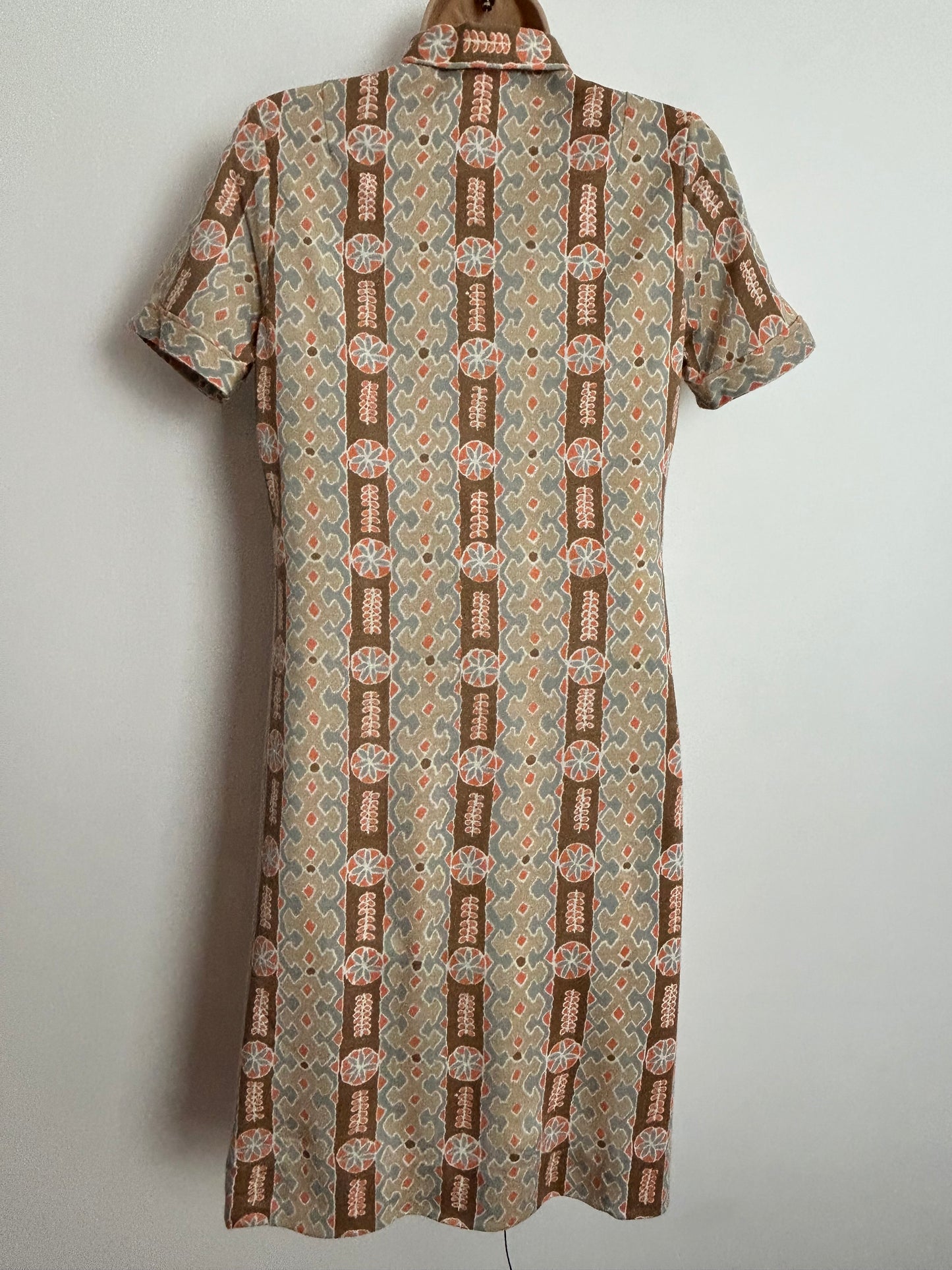 Vintage 1970s UK Size 8-10 ITALIAN Brown Beige Orange & Blue Abstract Print Short Sleeve Mod Shift Dress