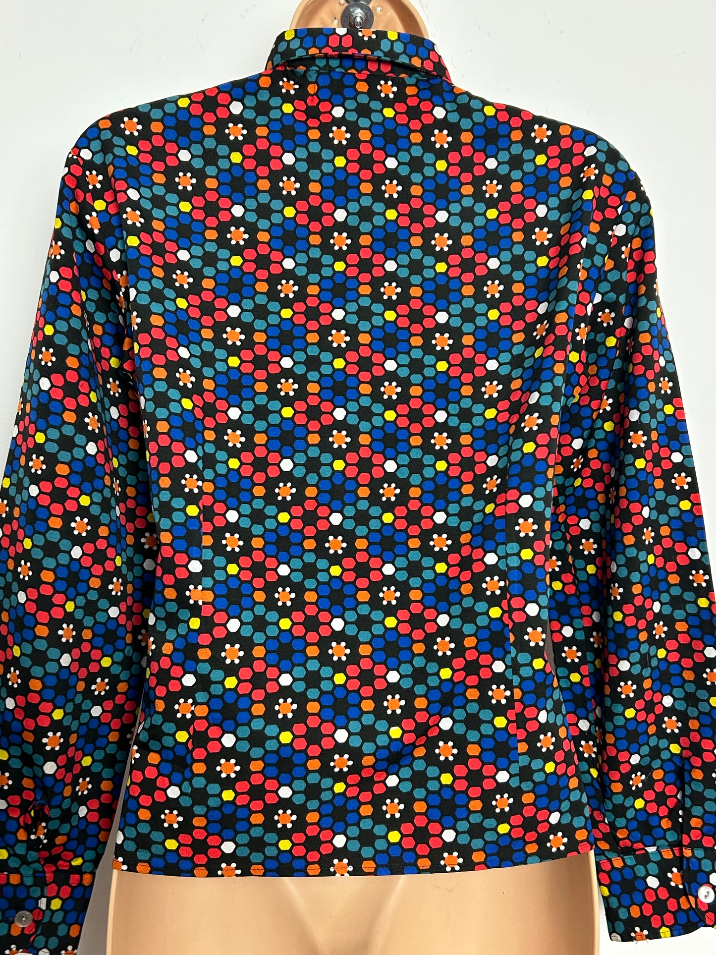 Vintage 1970s PARISIAN Size 8-10 Black Multicolour Abstract Print Beagle Collar Shirt