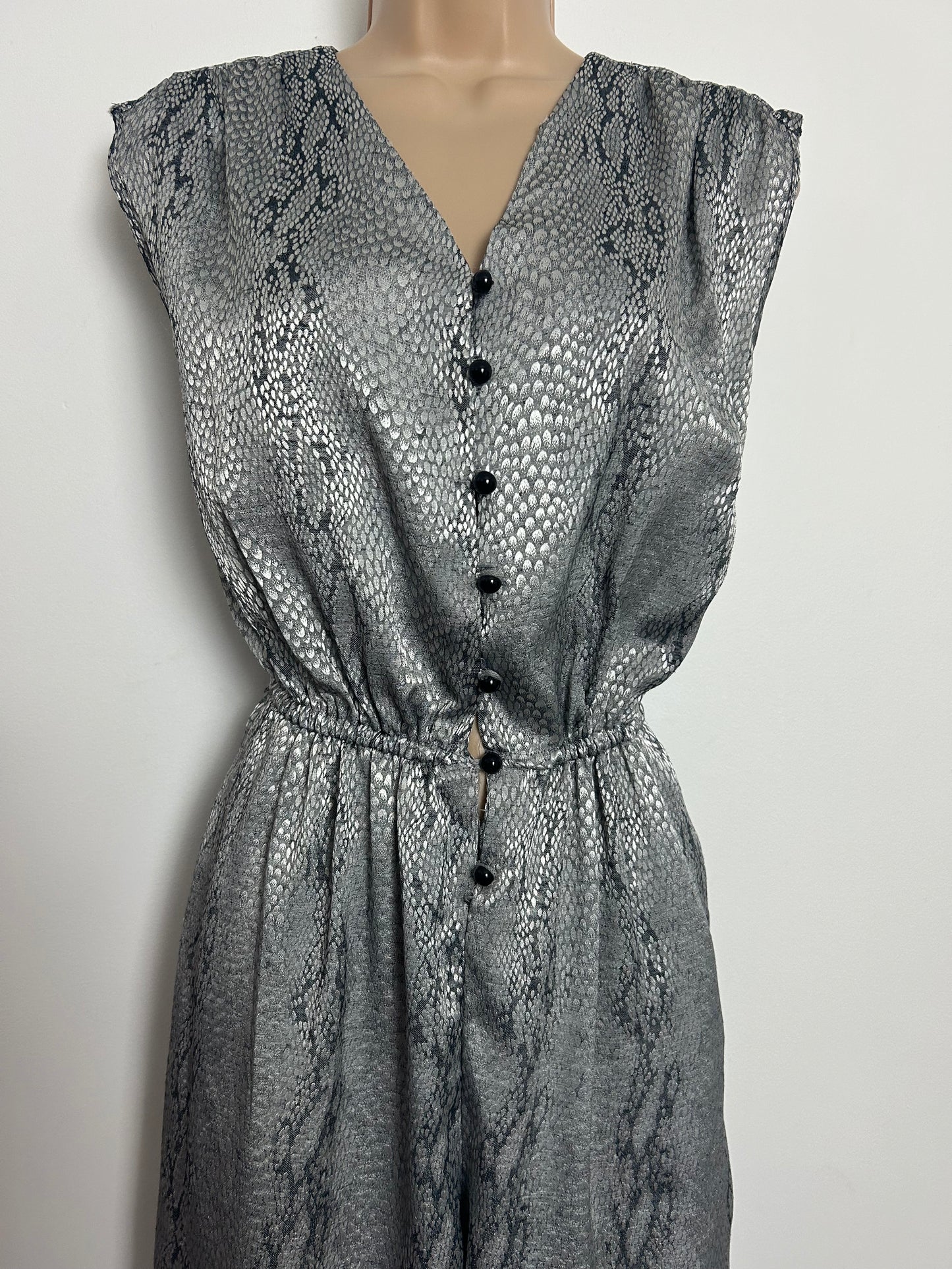 Vintage 1980s Size 8-10 Shimmery Silver & grey Snake Skin Print Cropped Tapered Leg Jumpsuit