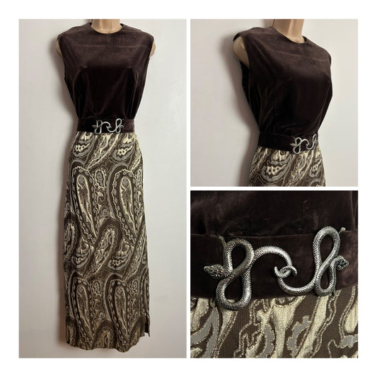 Vintage 1970s UK Size 10-12 Brown Gold & Silver Velvet & Brocade Belted Evening Maxi Dress