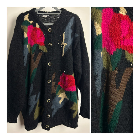 Vintage 1980s Size 12-14 Slouchy Oversized Black Abstract Floral Pattern Wool Mix Cardigan