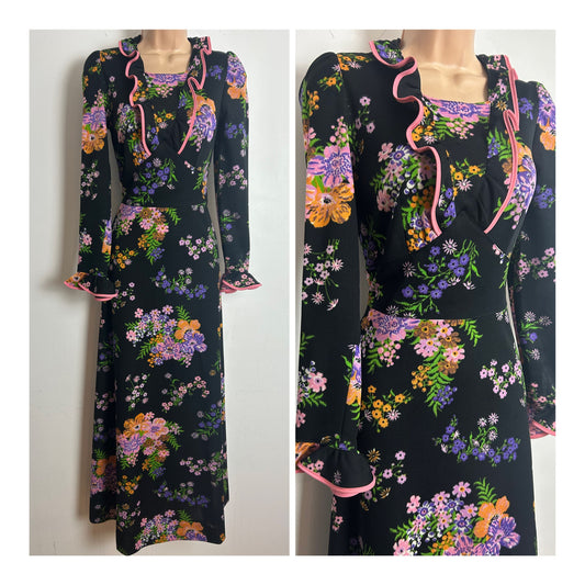 Vintage 1970s Size 8 Black Pink & Orange Floral Print Ruffle Trim Boho Maxi Dress