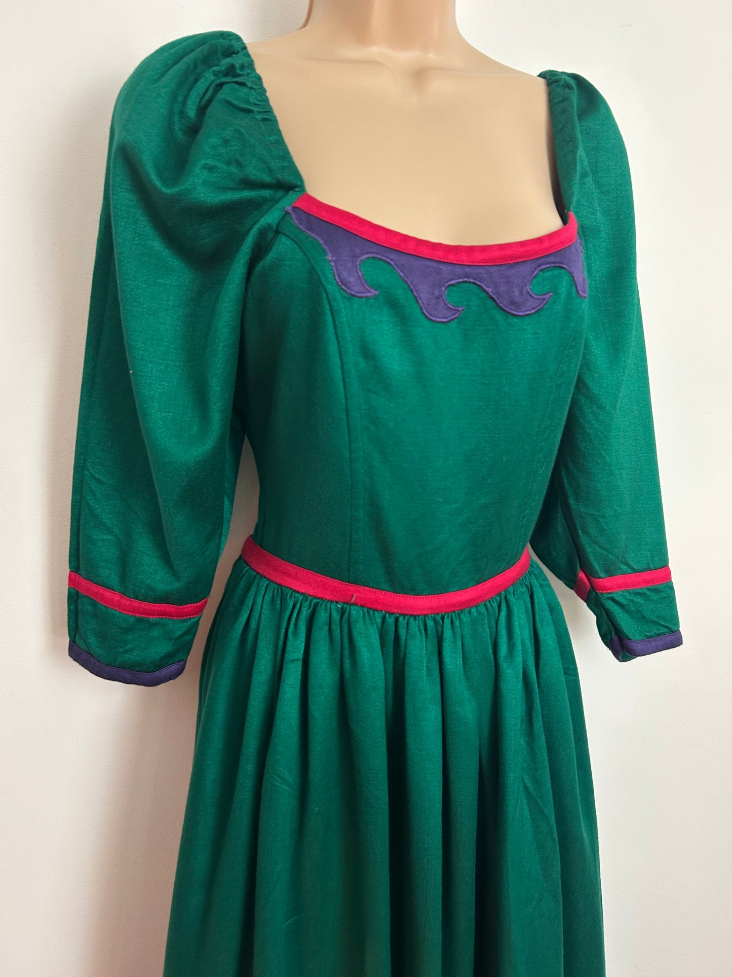 Vintage 1980s MONSOON Size 6-8 Green Mid Sleeve Gather Pleated Prom Style Midi Dress