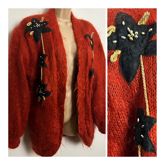 Vintage 1980s One Size Up To Size 16/18 Rusty Orange & Black Floral Applique Mohair Mix Bead Detail Open Fronted Cardigan