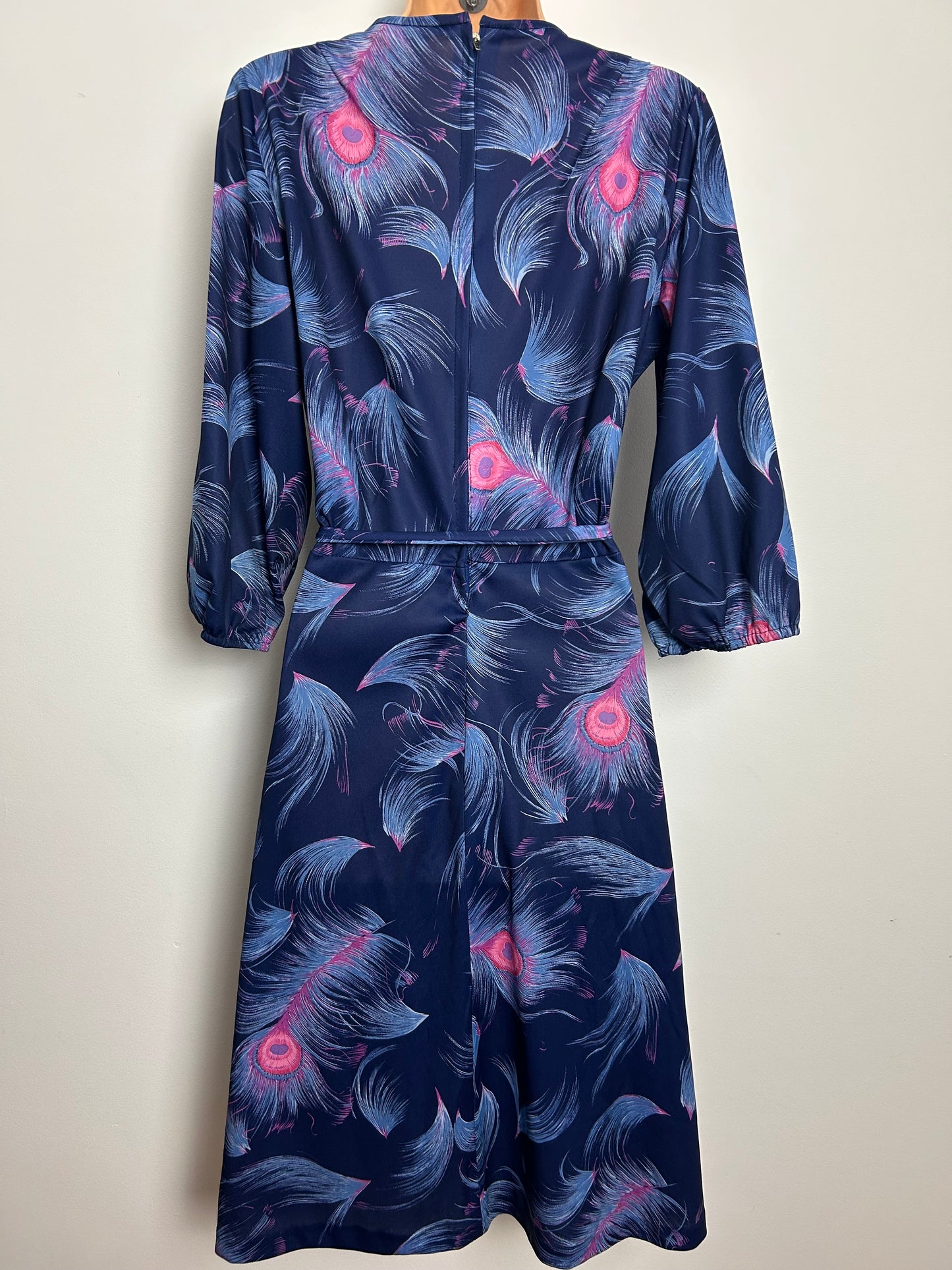 Vintage Early 1980s HEATHER VALLEY Size 14 Navy Blue & Pink Peacock Feather Belted Day Dress
