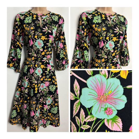 Vintage 1970s UK Size 10-12 Black Green Pink Blue & Yellow Floral & Ladybird Print Day Dress