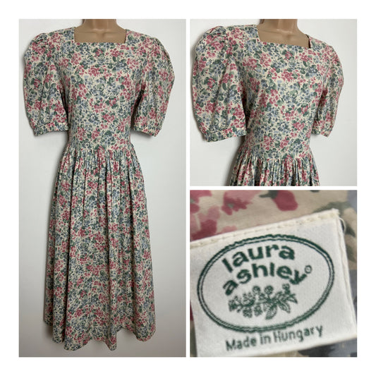Vintage 1980s LAURA ASHLEY Made In Hungary Size 12 Off White Pink & Green Floral Print Short Sleeve Pleated Tea Dress