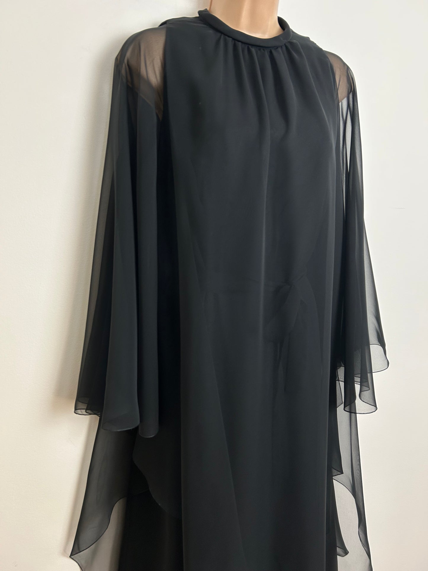 Vintage 1970s Size 12 Black Chiffon Long Floaty Sleeve Belted Layered Occasion Evening Maxi Dress