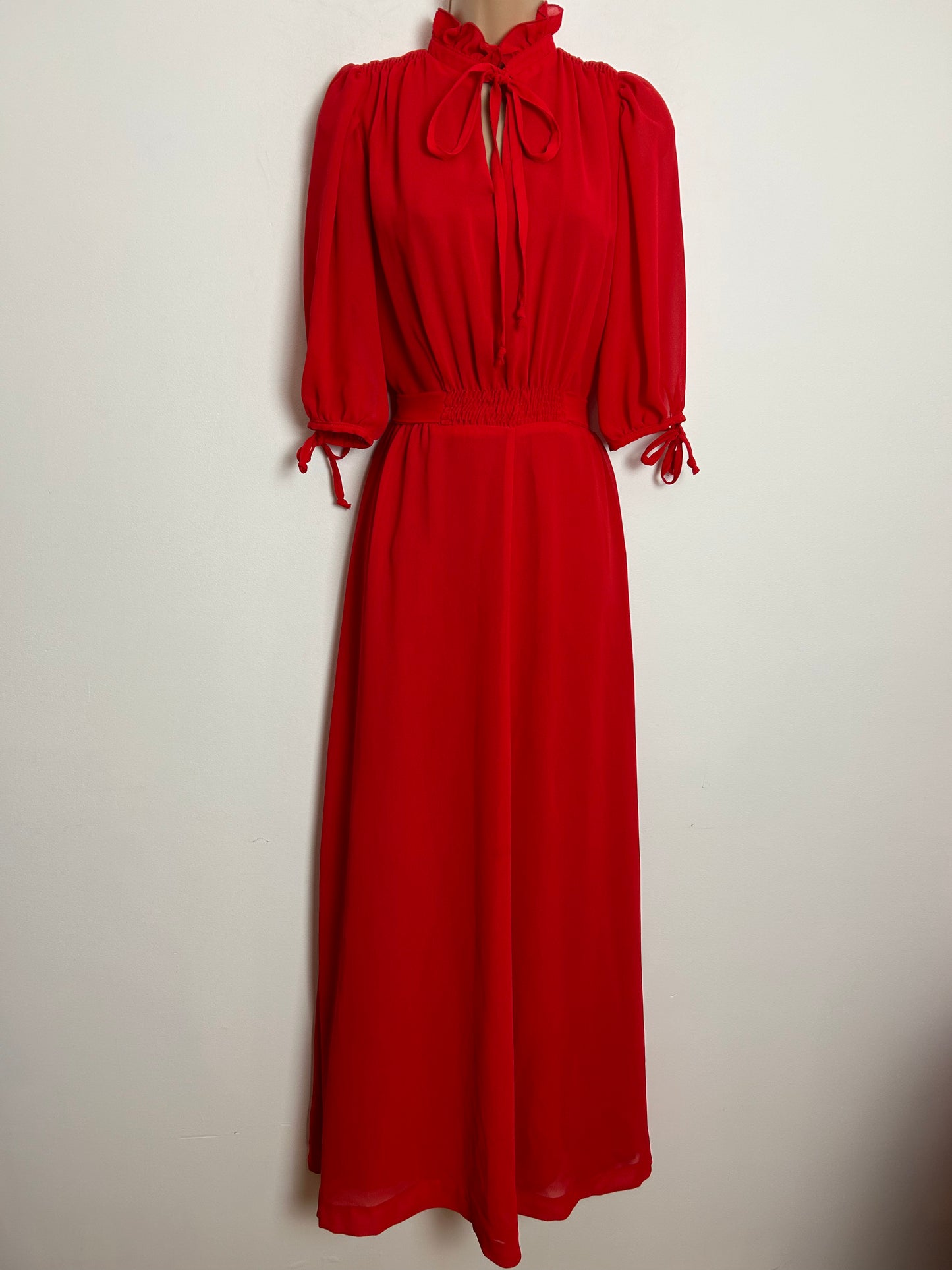 Vintage Early 1980s UK Size 10 Red Tie Back Mid Length Sleeve Tie Back Boho Maxi Dress