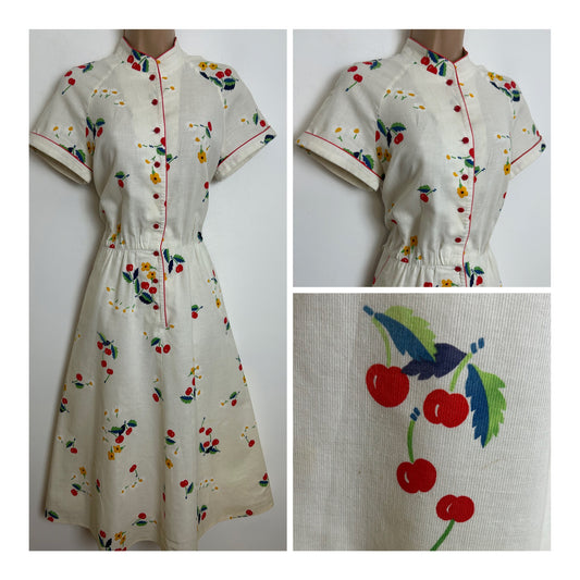 Vintage Late 1970s BETTY BARCLAY Size 10 Off White Cherry & Floral Print Short Sleeve Cotton Day Dress