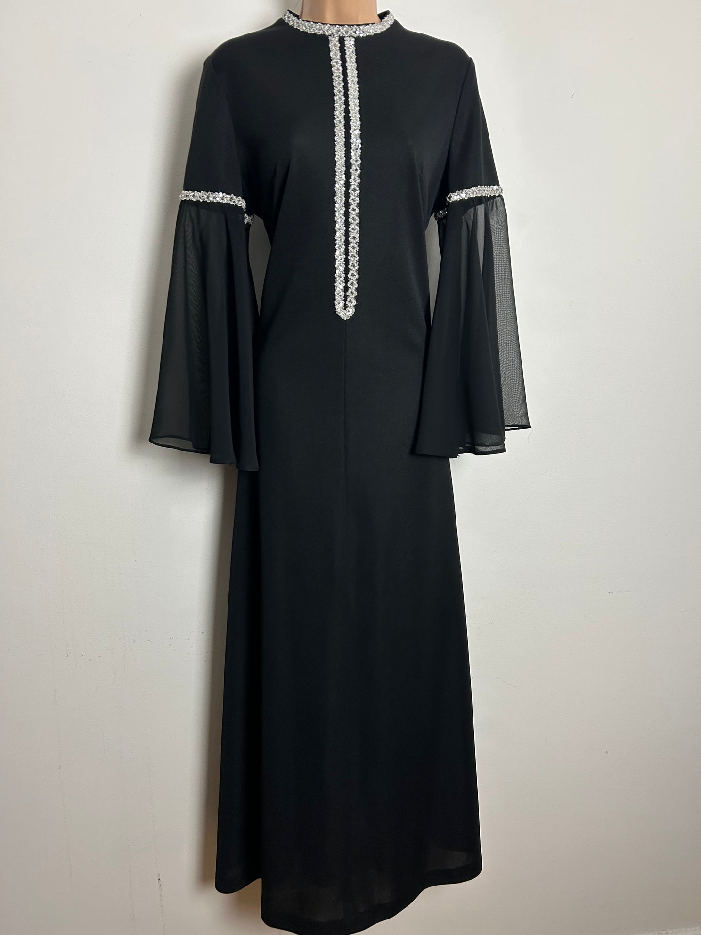 Vintage 1970s CLIFTON Size 14 Black & Silver Braid Trim Flared Chiffon Sleeve Evening Maxi Dress