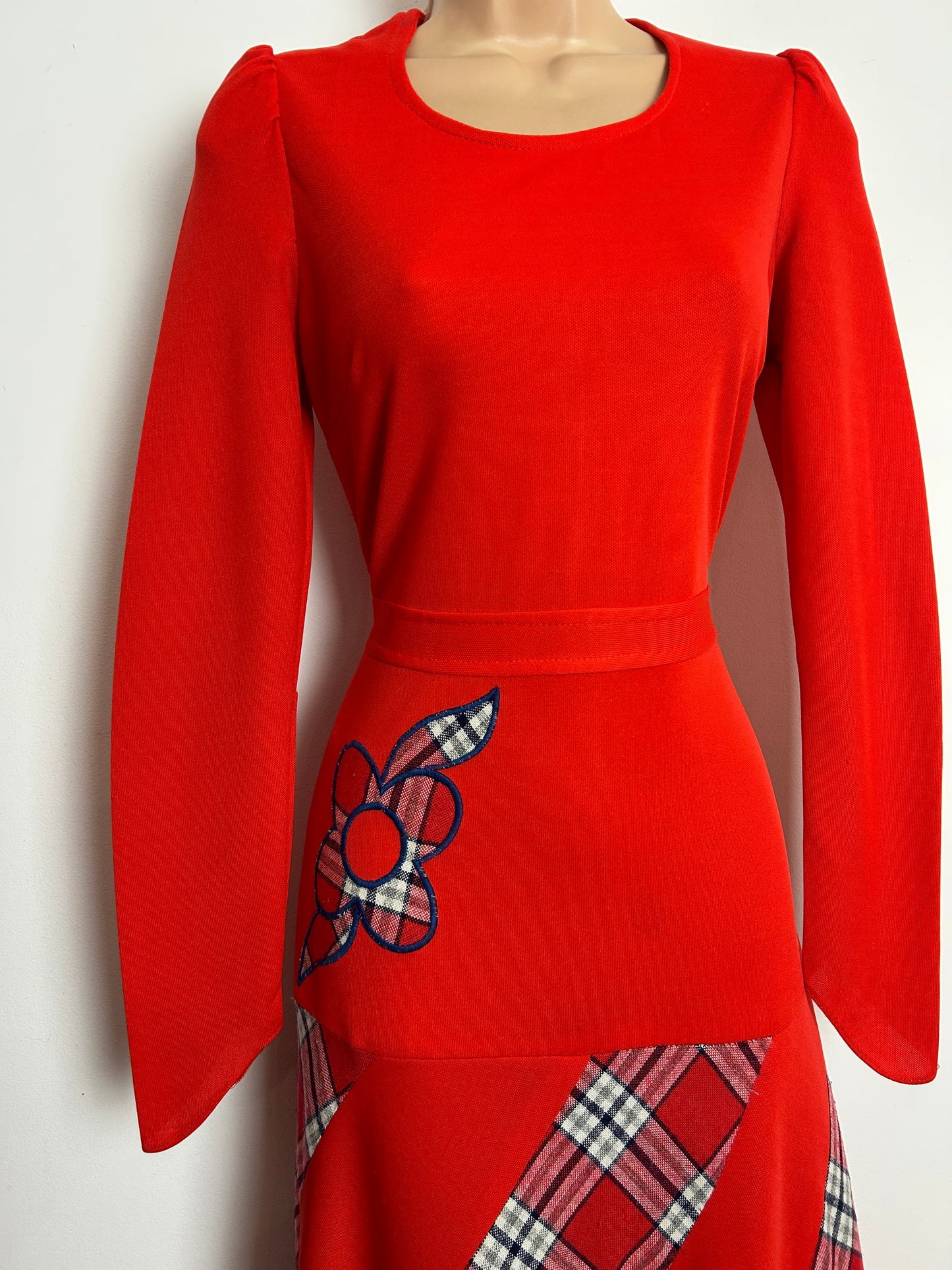 Vintage 1970s Size 8 Red Tartan Check Panels Applique Detail Long Sleeve Maxi Dress