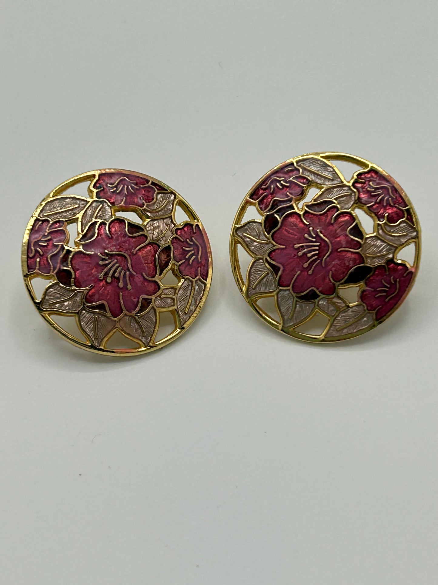 Vintage 1980s FISH Signed Gold Tone & Cloisonne Enamel Cutwork Flower Clips On Earrings