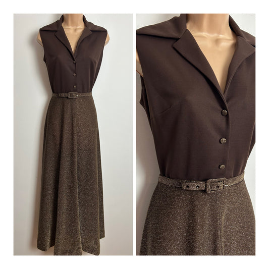 Vintage 1970s KITTY COPELAND Size 8 Brown Lurex Sleeveless Belted Occasion Maxi Dress