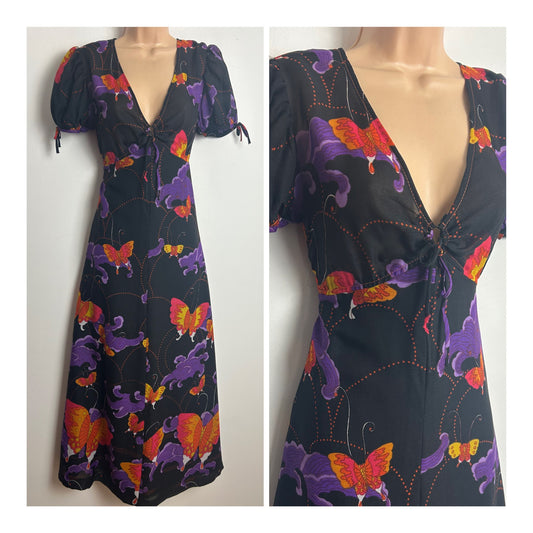 Vintage 1970s GIGI Size 8-10 Black Purple & Orange Butterfly Print Short Sleeve Maxi Dress