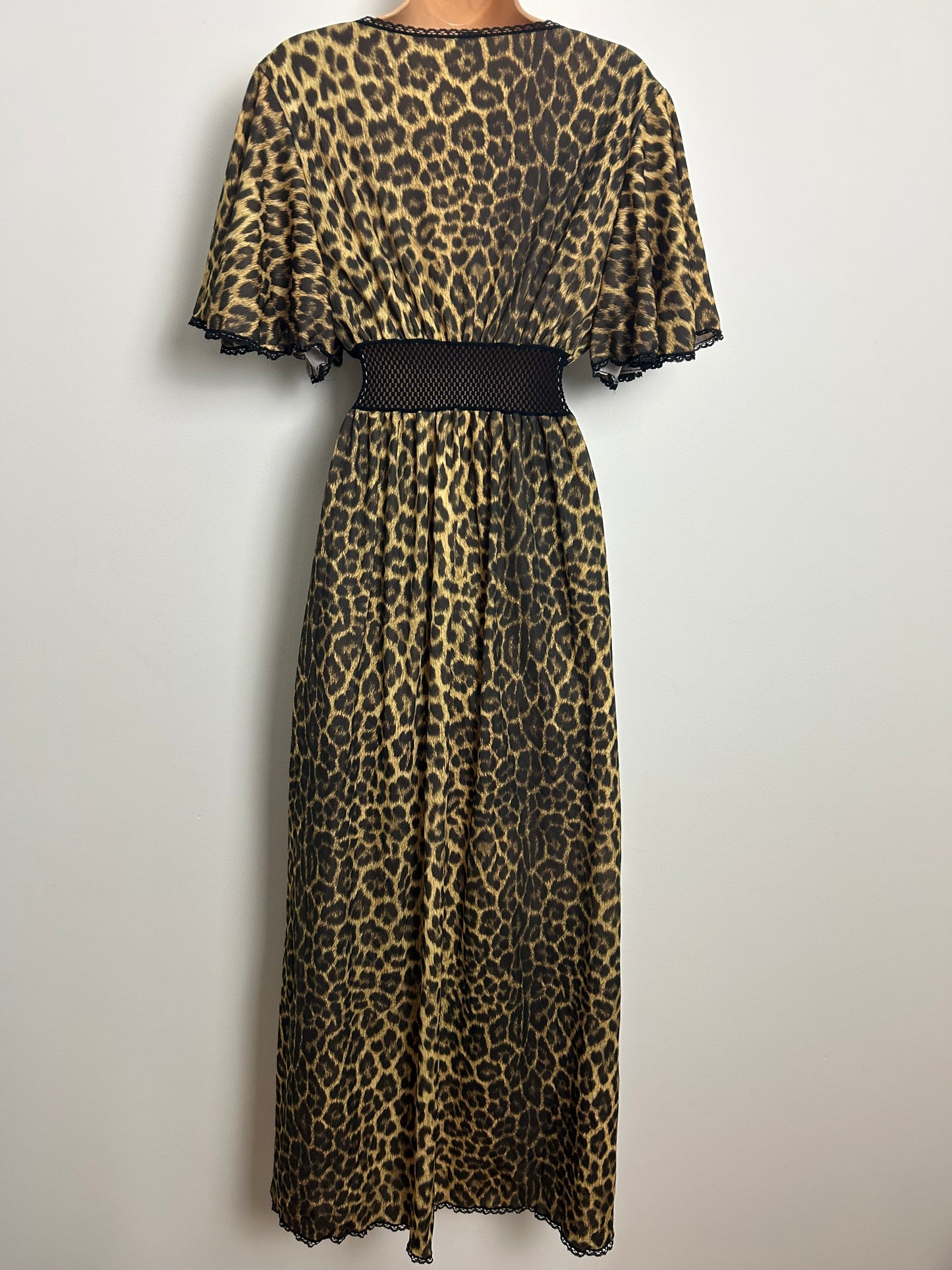Vintage Late 1970s EUROBELLE Size 8-10 Leopard Print Flutter Sleeve Mesh Waist Panel Maxi Dress