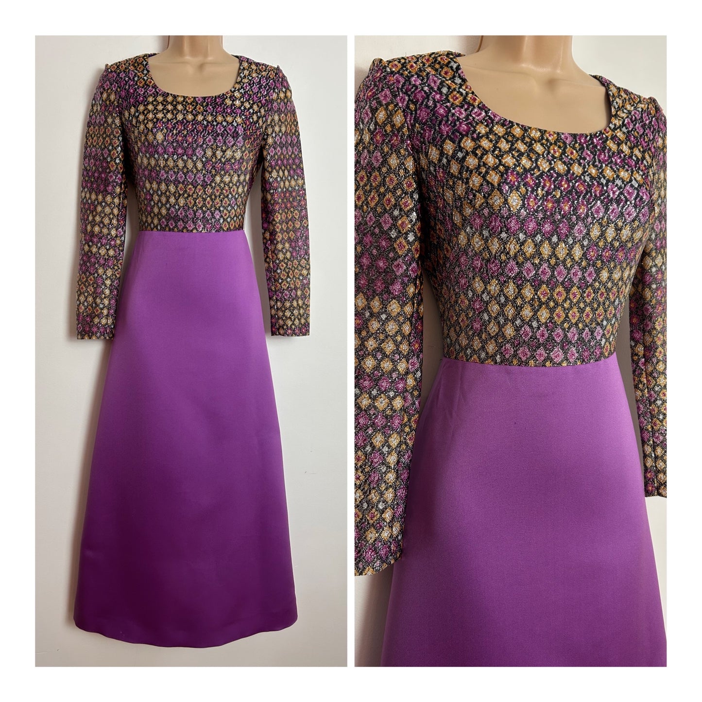 Vintage 1970s UK Size 6 Purple & Orange Diamond Pattern Lurex Bodice Long Sleeve Occasion Maxi Dress