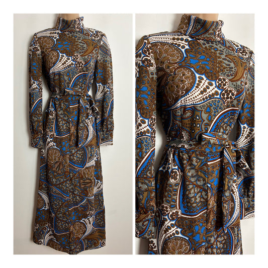 Vintage 1970s RICHARD SHOPS UK Size 8 Brown Grey & Blue Abstract Zip Front Belted Maxi Dress