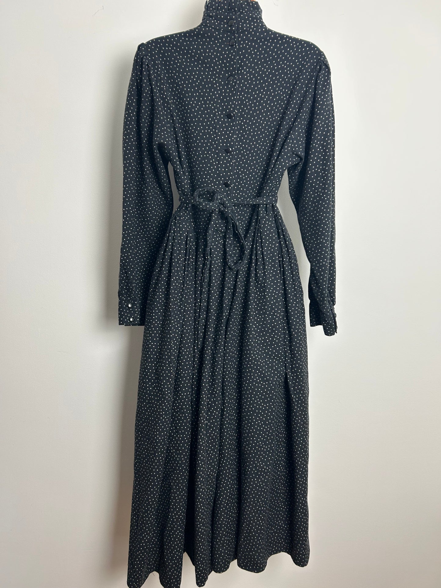 Vintage Early 1980s LAURA ASHLEY Size 12/14 (14 On Label) Black Polka Dot Tie Back Wool Mix Midi Dress