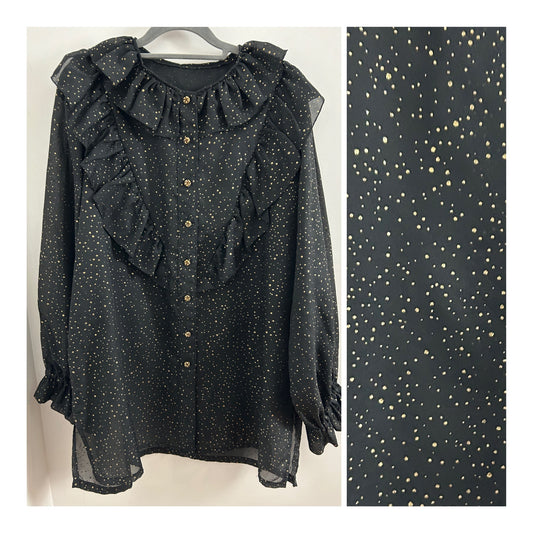 Vintage 1980s Size 16/18 Black & Gold Glittery Spot Pattern Ruffle Trim Long Sleeve Blouse