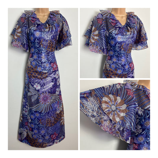 Vintage 1970s LUCIE LINDEN Size 8 Purple & Pink Tones Floral Ruffle Trim Short Sleeve Midi Dress