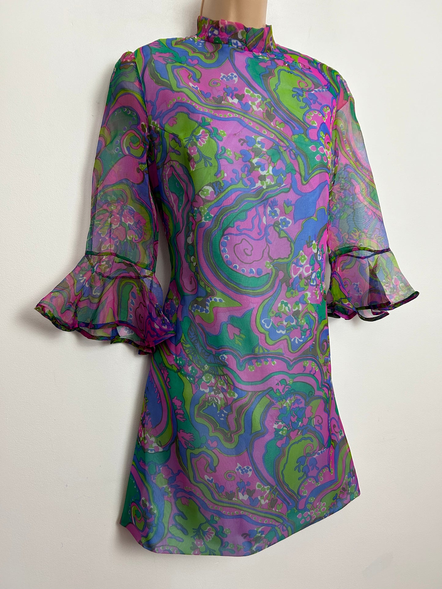 Vintage 1960s UK Size 6-8 Green Pink & Blue Psychedelic Print Chiffon Mini Mod Shift Dress