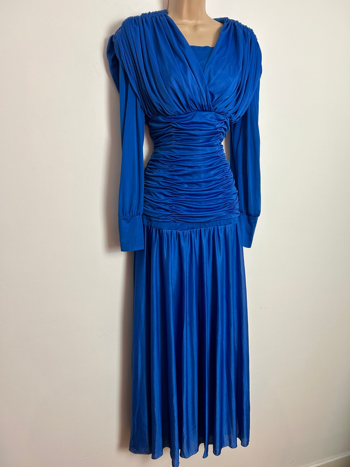 Vintage 1980s UK Size 10 CREATION JOLIE Royal Blue Ruched Draped Maxi Length Occasion Evening Dress