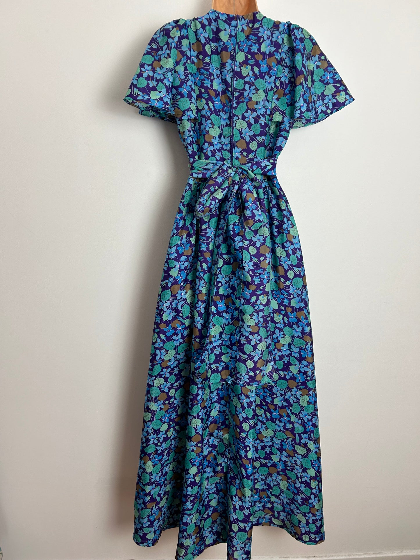 Vintage 1970s UK Size 8 Pretty Purple Blue & Green Floral Forget Me Not Flutter Sleeve Boho Maxi Dress