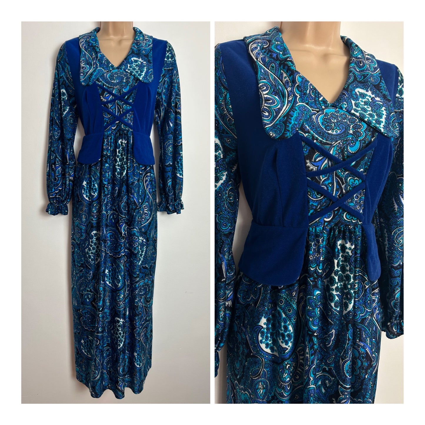 Vintage 1970s Approx UK Size 8-10 TURNABOUTS Blue Tones Velour Bodice Lace Up & Peplum Beagle Collar Maxi Dress