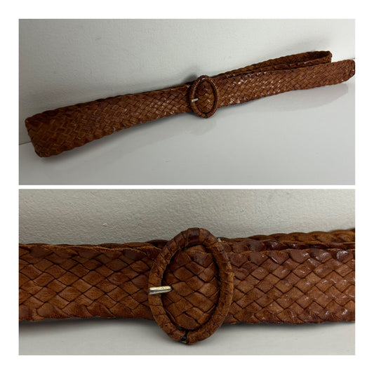 Vintage 1970s Tan Brown Leather Woven Belt Up To 36" Waist