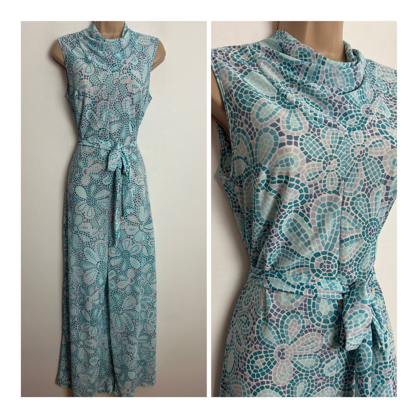 Vintage 1970s Rare PIPPA DEE Blue Teal & Grey Mosaic Floral Print Cowl Neck Sleeveless Belted Wide Leg Nylon Jumpsuit