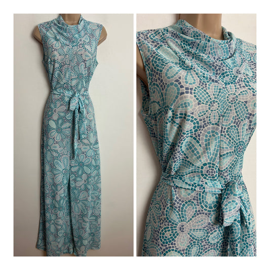Vintage 1970s Rare PIPPA DEE Blue Teal & Grey Mosaic Floral Print Cowl Neck Sleeveless Belted Wide Leg Nylon Jumpsuit