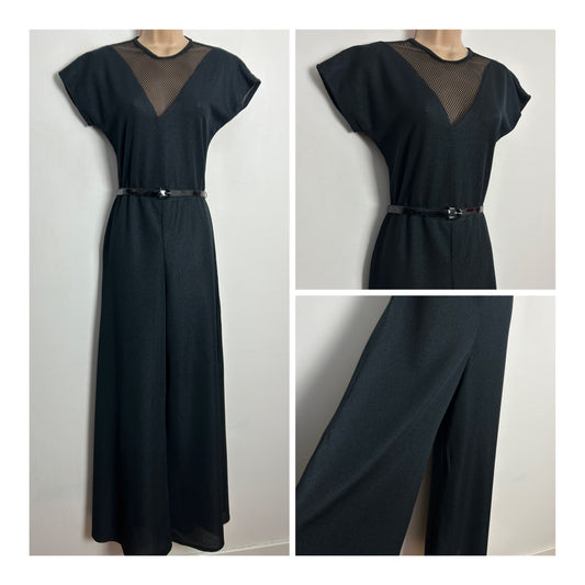 Vintage Late 1970s UK Size 8 Black Net Panel Short Sleeve Belted Palazzo Wide Leg Jumpsuit