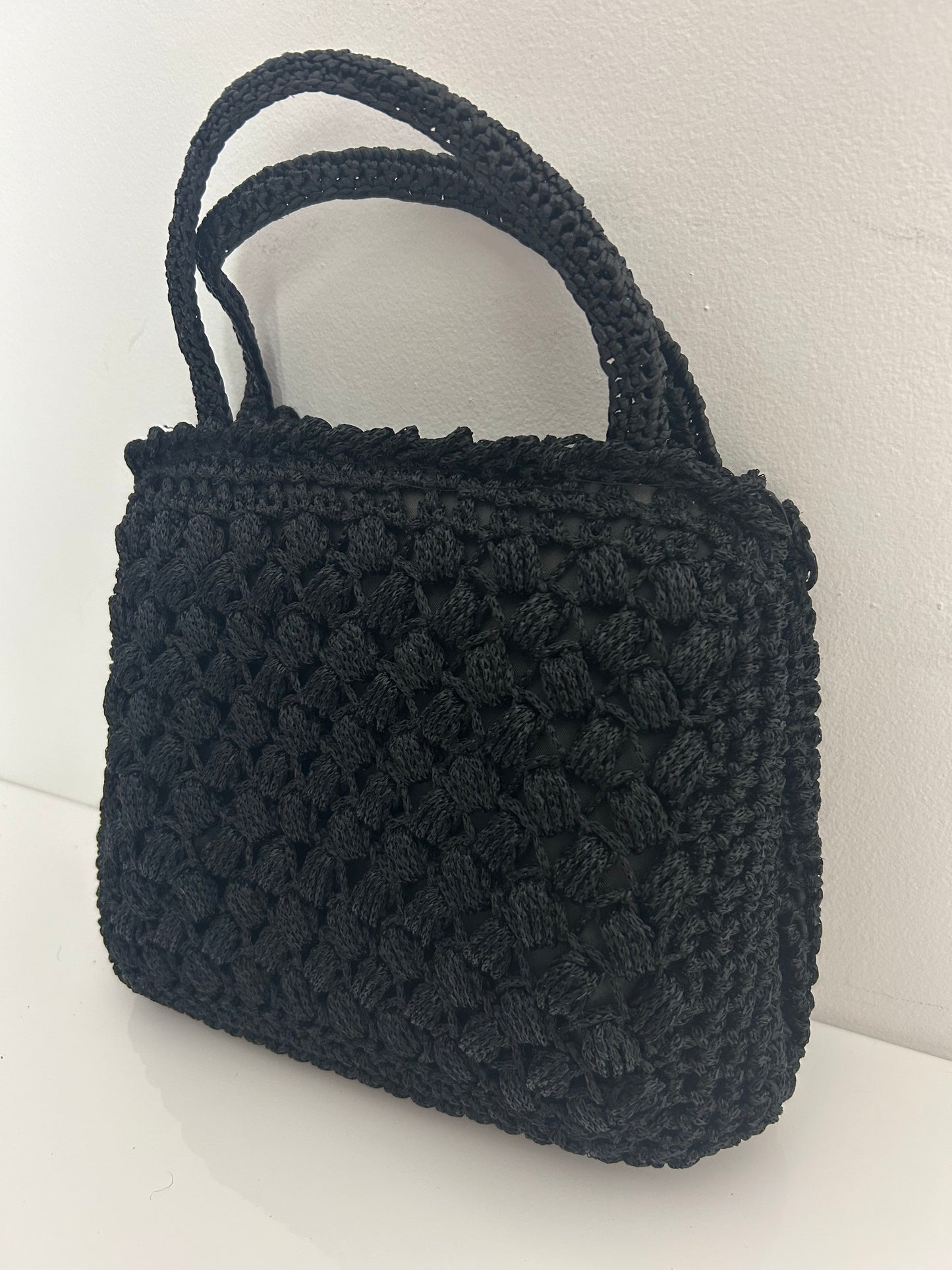 Vintage 1960s Gorgeous Black Crochet Woven Style Top Handle Kelly Style Handbag