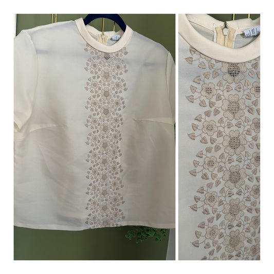Vintage 1960s Approx Size 16 Cream Embroidered Floral Detail Short Sleeve Blouse/Top