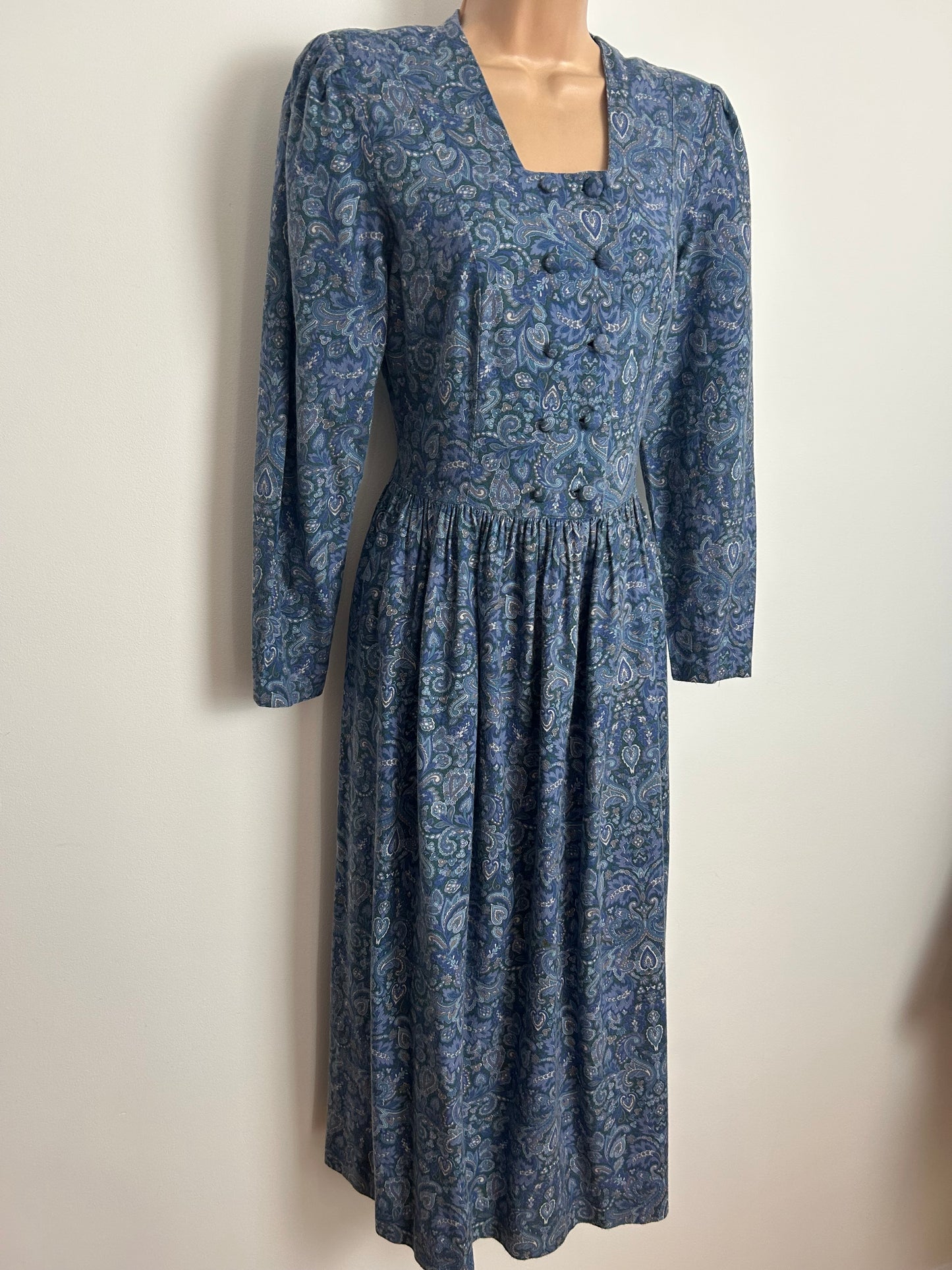 Vintage 1980s LAURA ASHLEY Size 10 (Size 12 On Label) Blue Tones Nouveau Print Wool Mix Long Sleeve Midi Dress