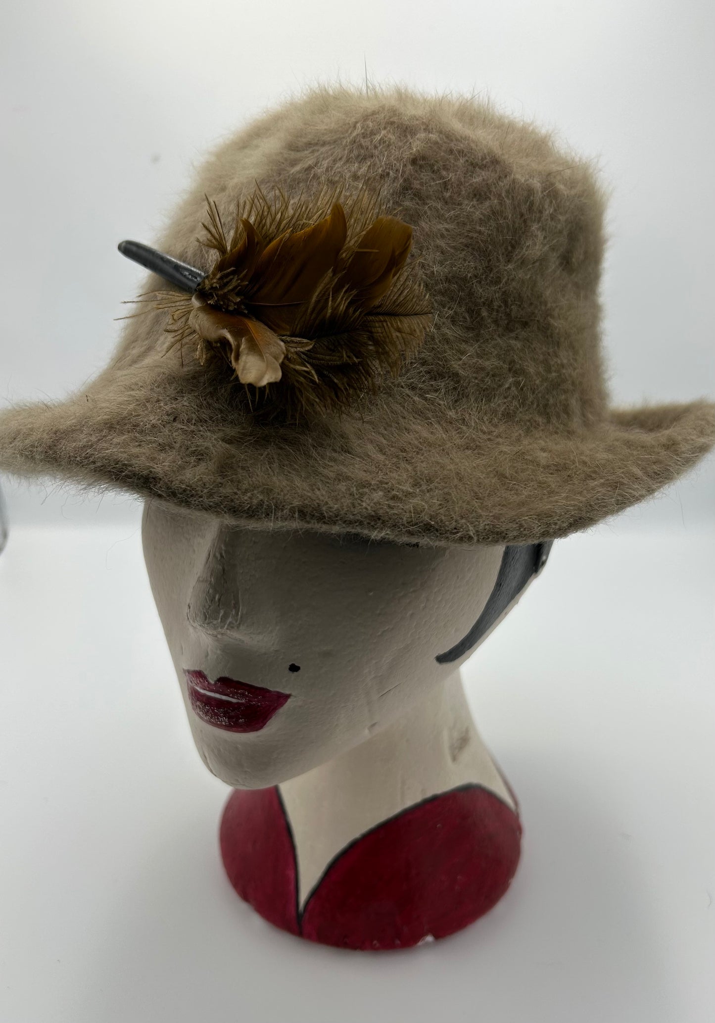 Vintage Camel Brown Angora Mix Feather Detail Trilby Style Hat