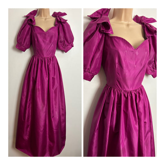 Vintage 1980s VIVIEN SMITH UK Size 8 Magenta Bow Shoulder Maxi Length Xmas Party Dress/Gown