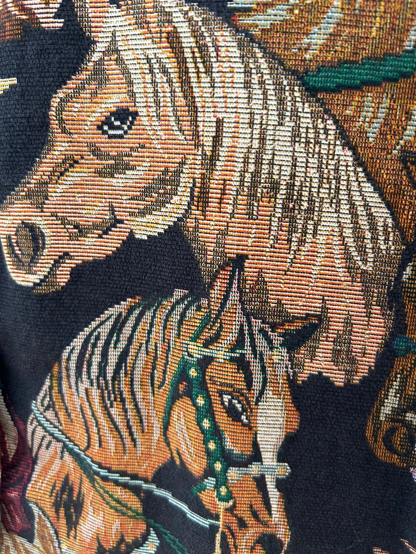Vintage 1980s UK Size 12-14 Black Cotton Equestrian Horses Novelty Tapestry Print Waistcoat