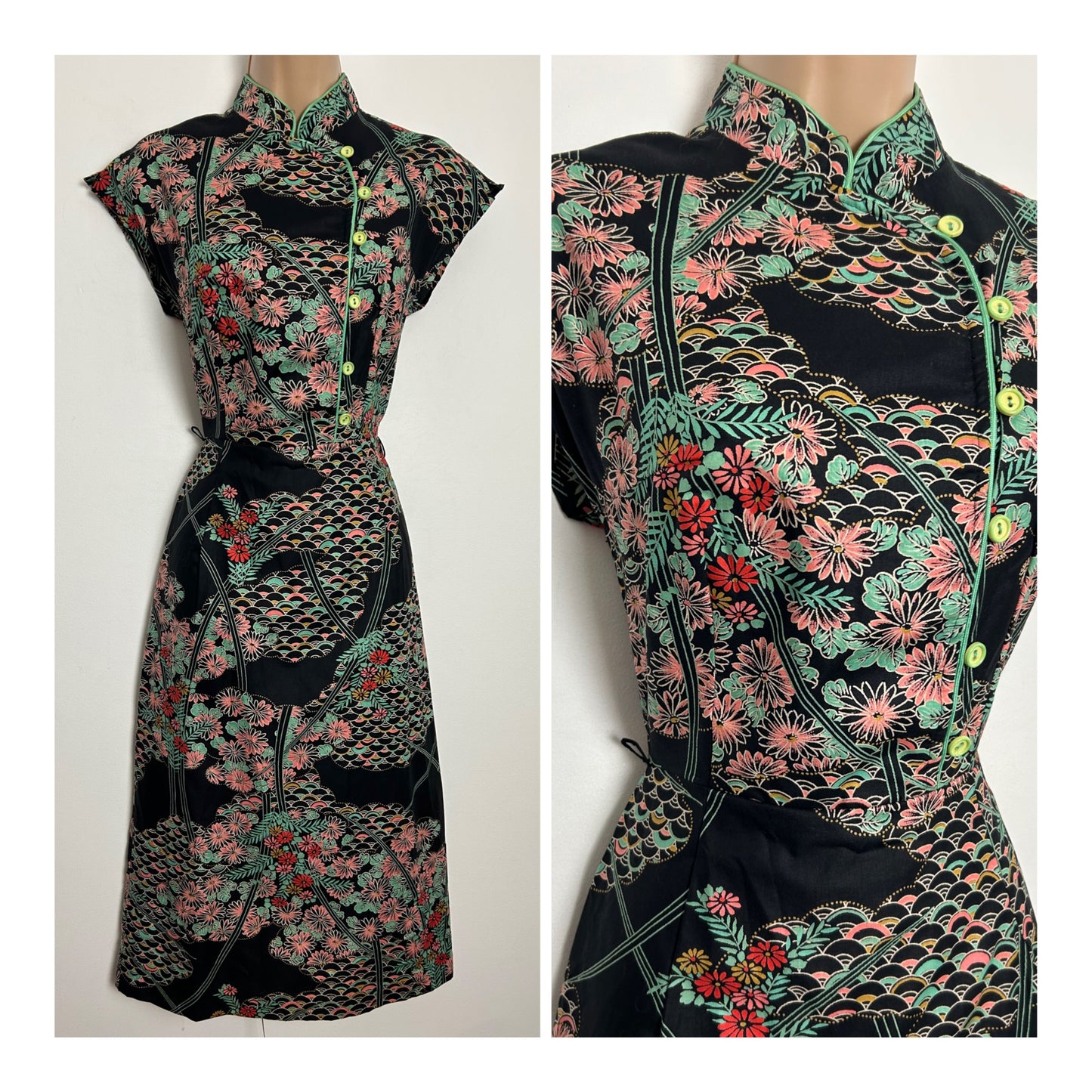 Vintage 1970s Size 6 Pretty Black Pink & Mint Green Japanese Print Cotton Day Dress