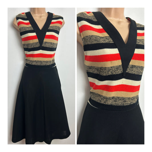 Vintage 1960s ST MICHAEL Size 12 Black Red Beige & White Stripe Print Sleeveless Mod Dress