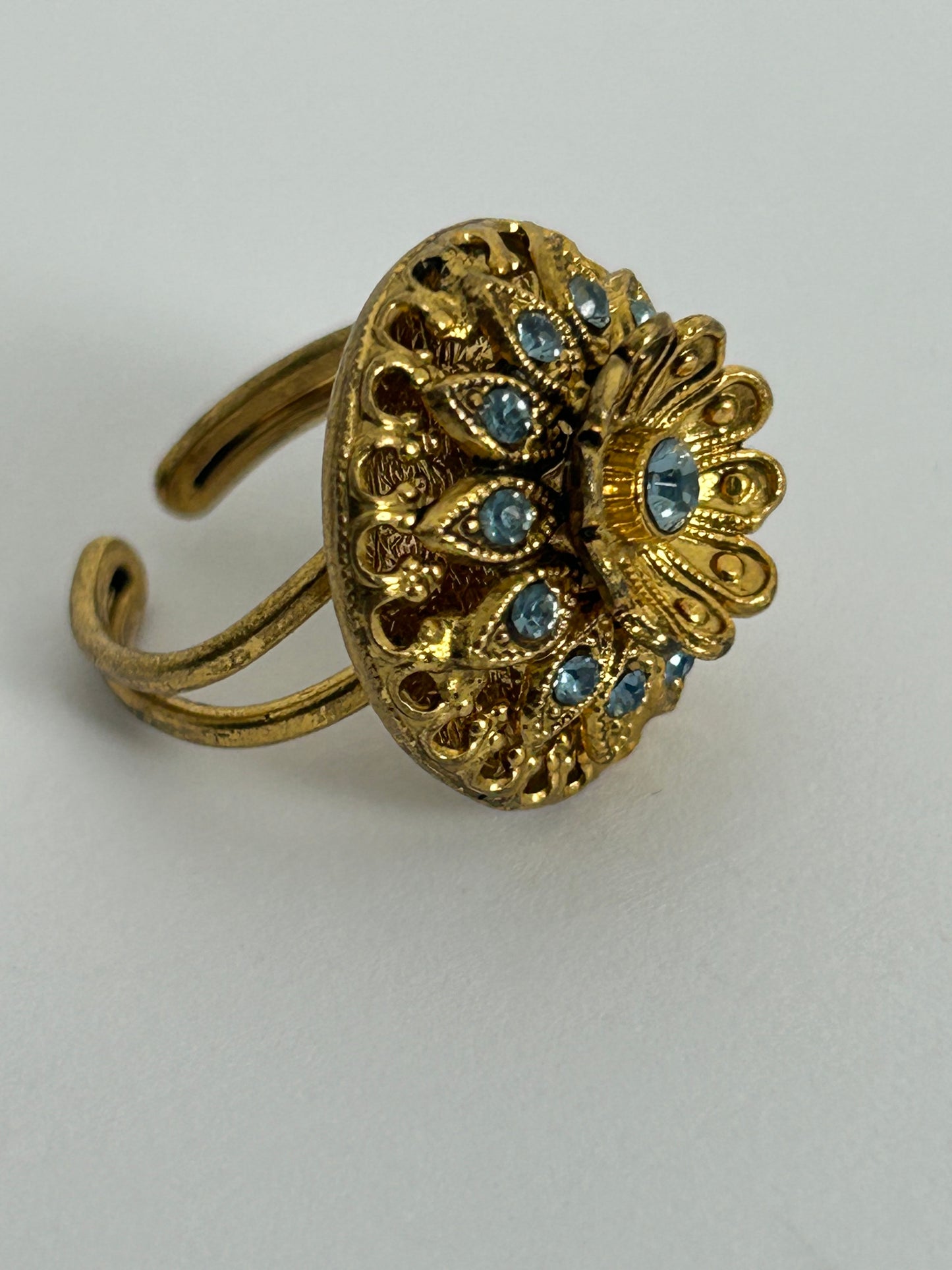 Vintage Gold Tone Base Metal & Blue Diamante Set Adjustable Ring Up To Size M