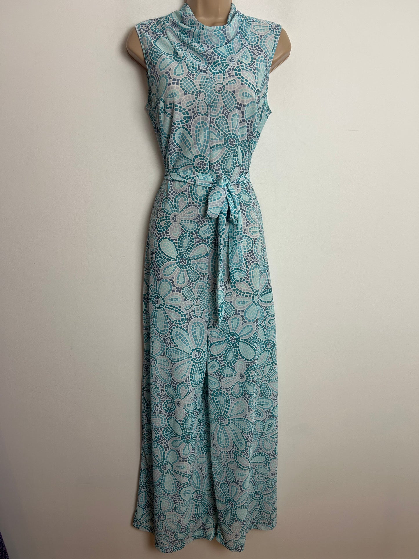 Vintage 1970s Rare PIPPA DEE Blue Teal & Grey Mosaic Floral Print Cowl Neck Sleeveless Belted Wide Leg Nylon Jumpsuit