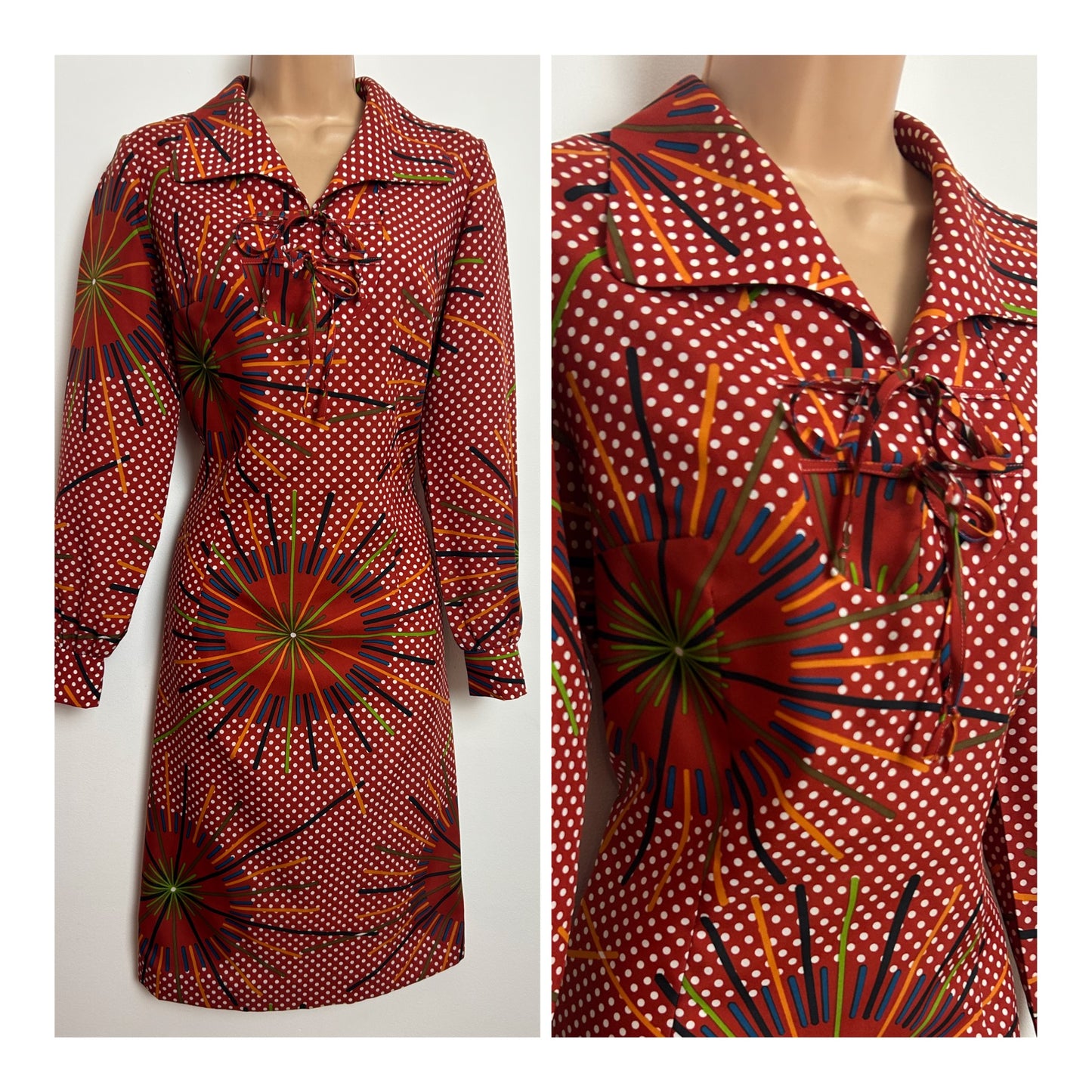 Vintage 1970s 10-12 Dark Red Polka Dot & Sunburst Abstract Print Double Tie Front Dress