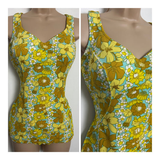 Vintage 1950s TRIUPMH INTERNATIONAL Approx Size 14 "Athene" Yellow Blue & Brown Floral Underwired Skirted Swimsuit