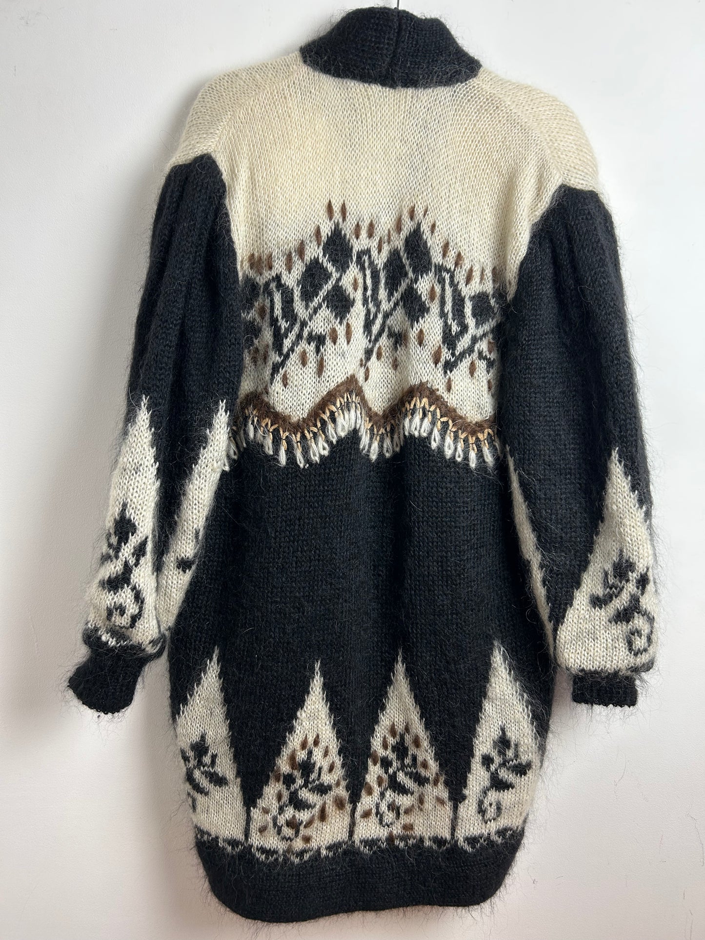 Vintage 1980s Oversize Slouchy Black Cream & Brown Mohair Mix Open Fronted Long Length Cardigan